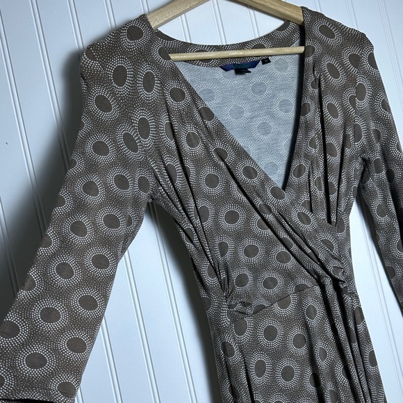 Boden Brown and White Circle Wrap Midi Fit and FLare Dress SZ 8R Stretch Casual - Picture 6 of 12